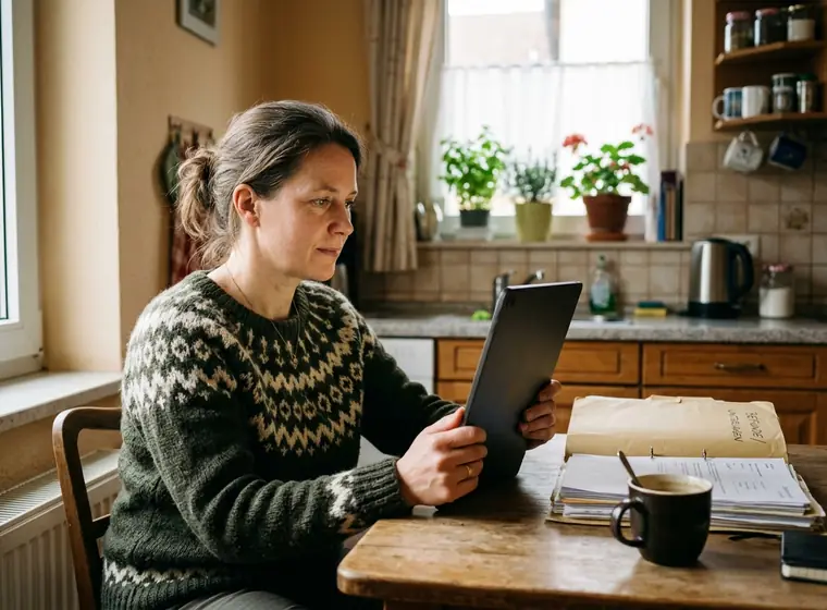 Frau bespricht ihre Unterlagen am Tablet