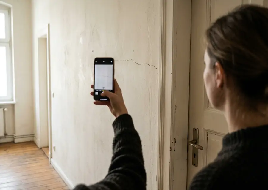 Sachverständiger misst mit dem Zollstock eine durchfeuchtete Fensterlaibung aus