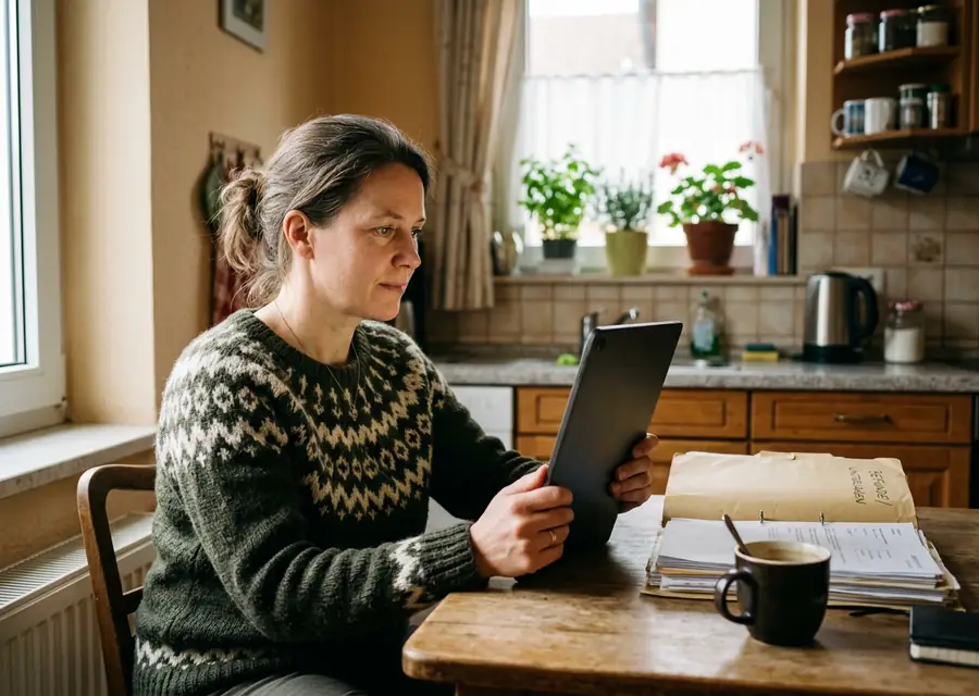 Frau bespricht ihre Unterlagen am Tablet
