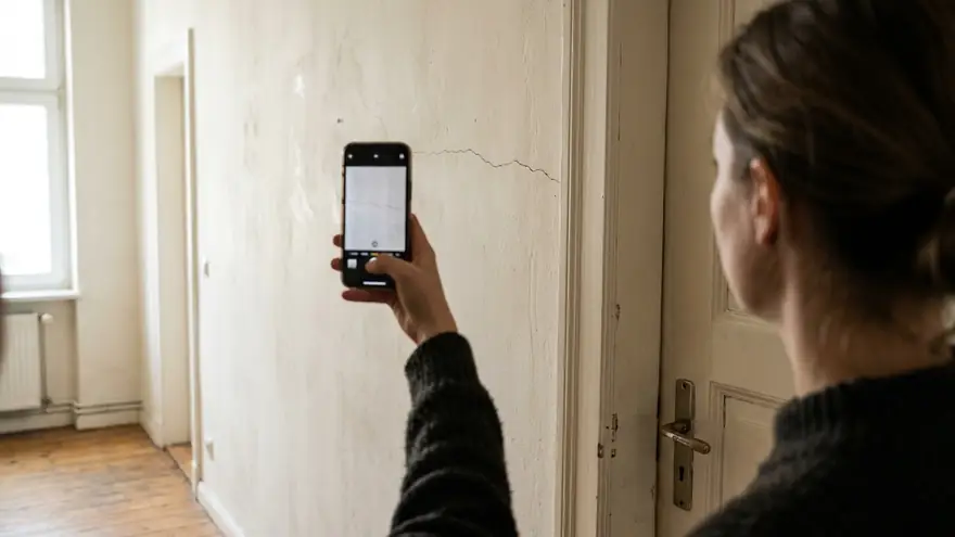 Eigentümerin fotografiert einen Riss für die Videoberatung